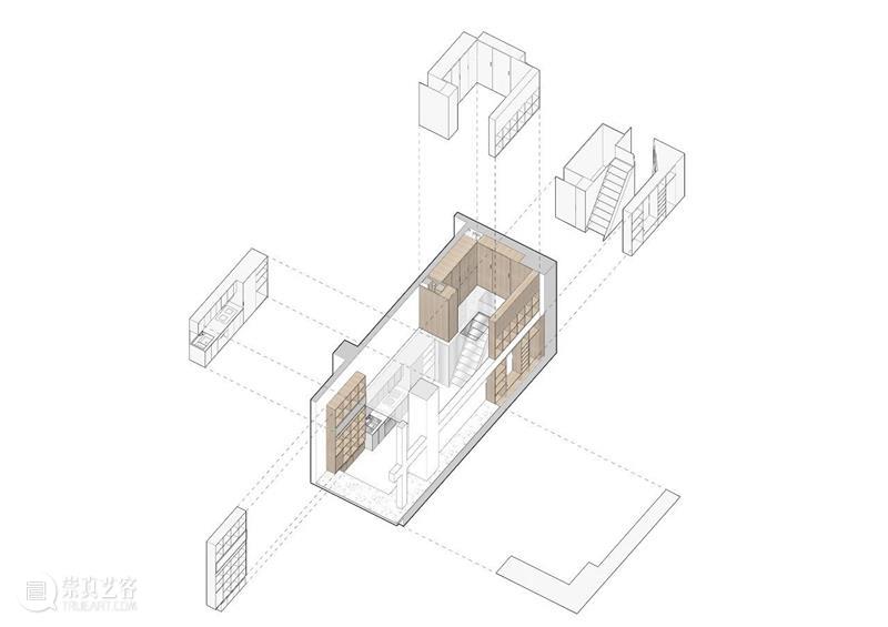 跃层公寓改造，拆除固有模块 / 泥木建筑工作室 建筑 泥木 工作室 跃层 公寓 模块 轴测图 书架 黄城 项目 崇真艺客