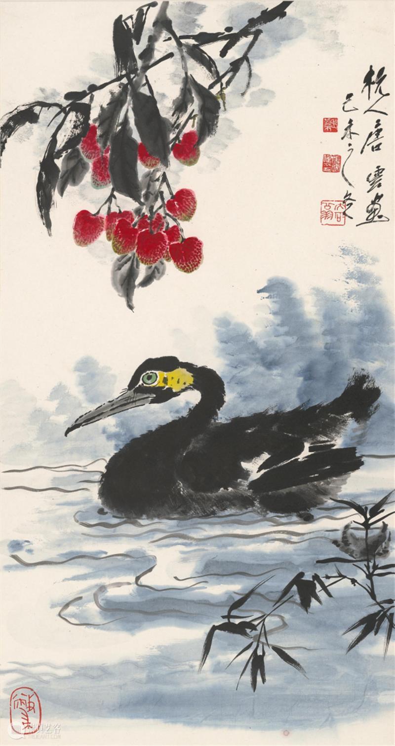 【中华艺术宫 | 轻悦读】唐云《鱼鹰杨梅》：浓淡并际，潇洒自如 唐云 鱼鹰杨梅 中华艺术宫 中国 鸬鹚 鱼鹰 羽毛 黑色 绿色 光泽 崇真艺客