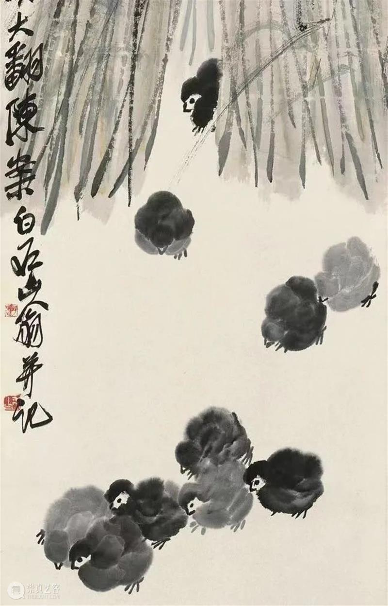 品读北京画院藏齐白石《稻草小鸡》 齐白石 稻草小鸡 北京画院 稻草 小鸡 纸本 题款 余日来所 陈案 白石山 崇真艺客
