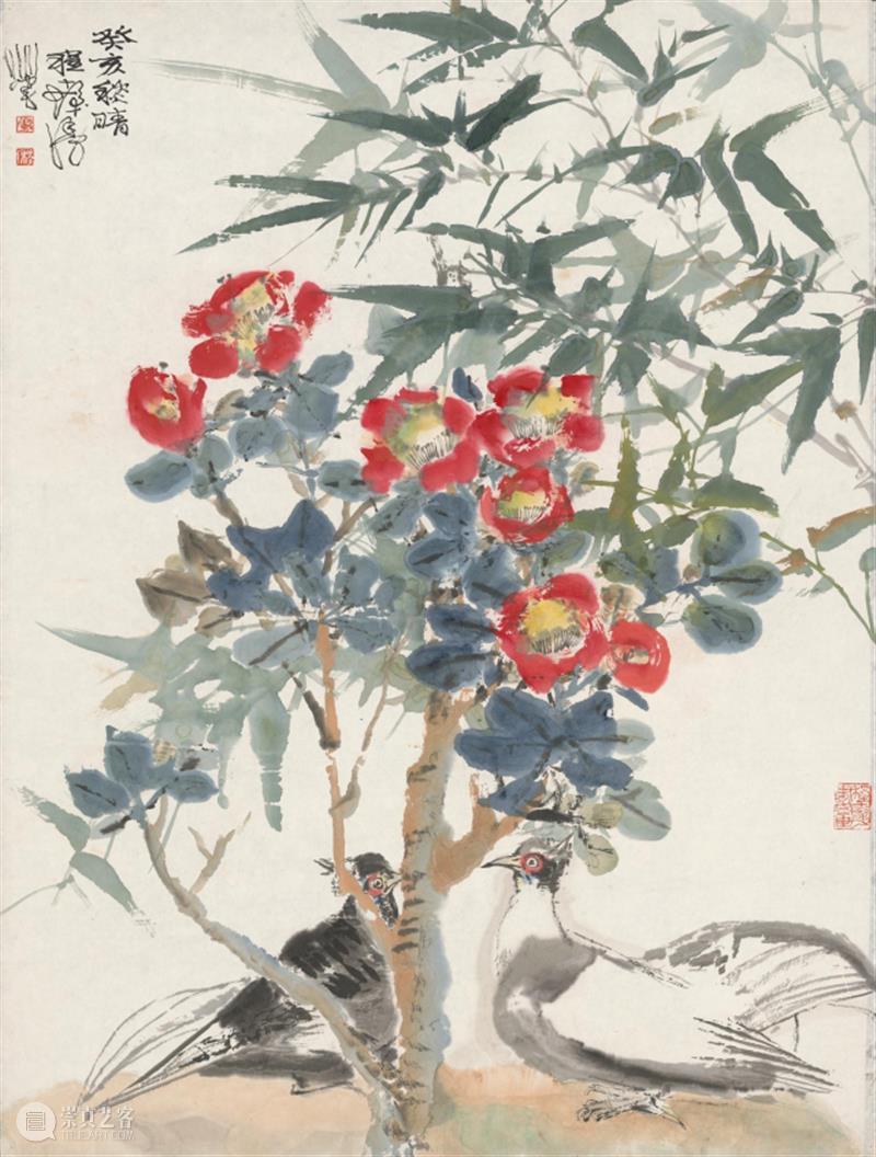 【中华艺术宫 | 轻悦读】程十发《茶花·鸡》:活色生香,形神兼备 程十发 茶花 中华艺术宫 形神 中国 画幅 正中 花枝 光感 没骨法 崇真艺客