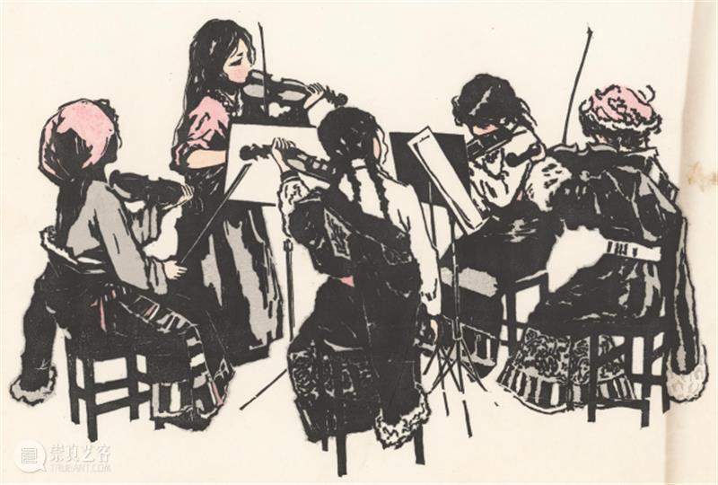 【中华艺术宫 | 每日一画】徐匡《序曲》 徐匡 序曲 中华艺术宫 版画 作品 小提琴 藏区 女孩 女孩们 衣服 崇真艺客