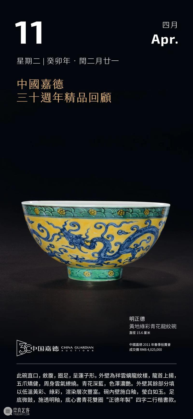 明正德 黄地绿彩青花龙纹碗丨中国嘉德30周年精品回顾 崇真艺客